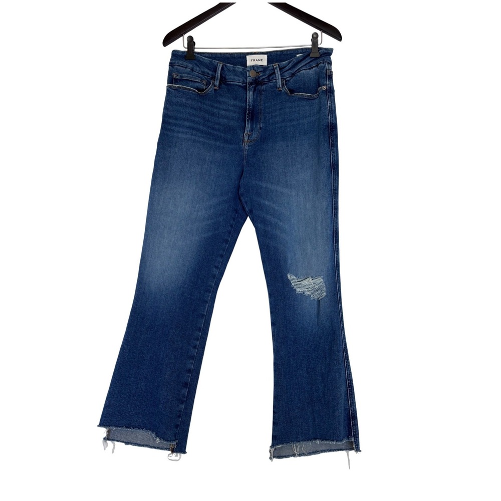 Frame Le Crop Mini Boot Jeans Wine Ridge Destruct Blue Raw Hem 32x27 - Picture 2 of 9